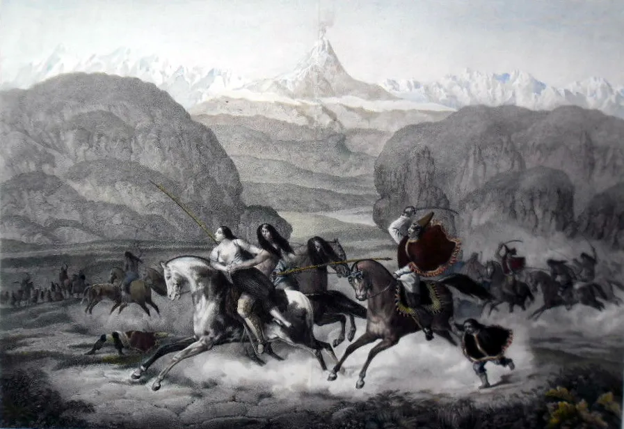 Persecución de pehuenches por tropas chilenas, ca. 1840 — Temuco — 1834 | Chile de Ayer