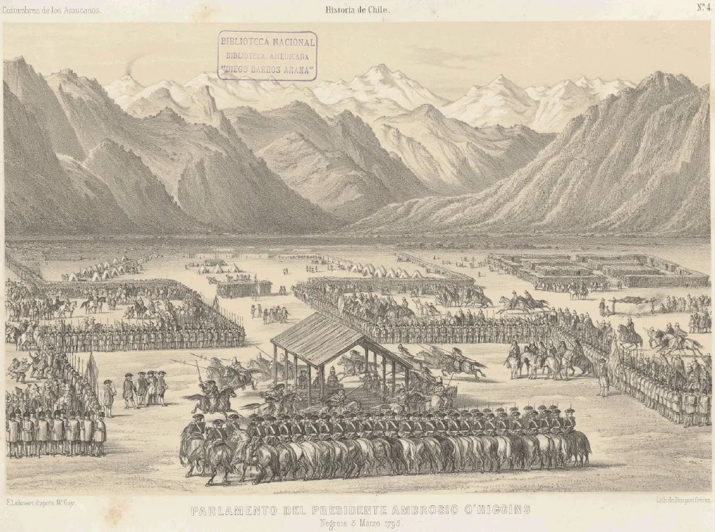 Imagen del Parlamento de Negrete, convocado por el gobernador Abrosio O'Higgins en Marzo de 1793 (Claudio Gay, basada en dibujo de Ignacio Andia y Varela) — Concepción — 1793 | Chile de Ayer