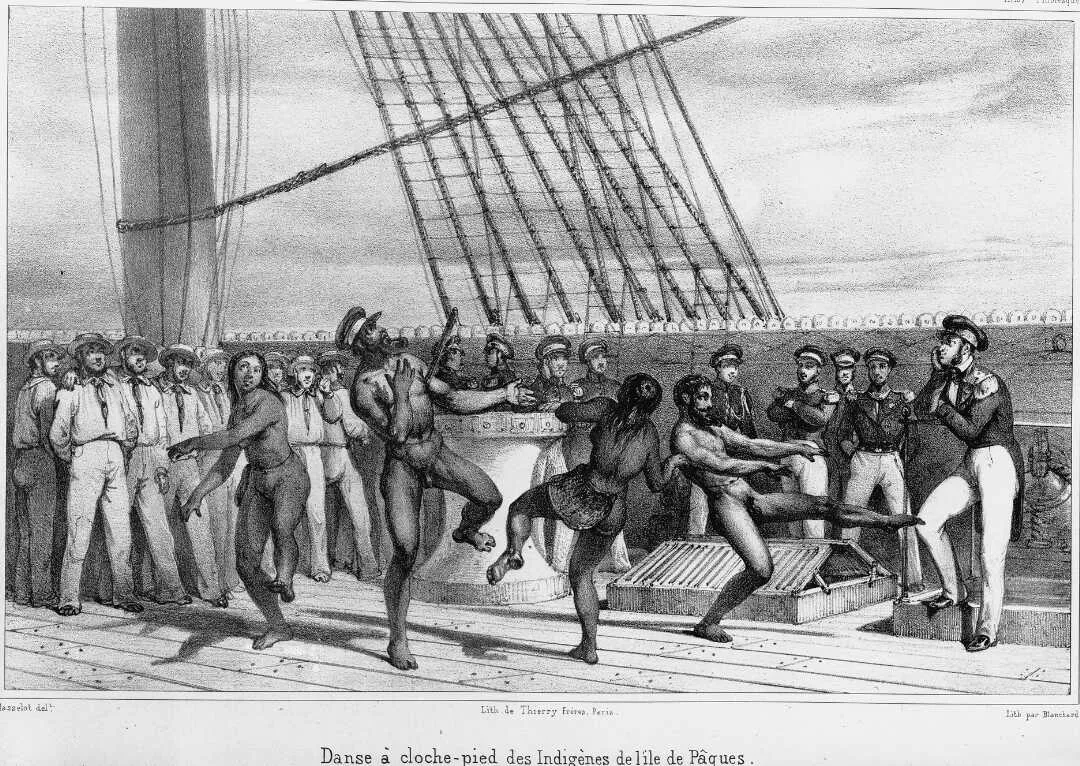 Masselot, fl 1830s. Danse a cloche-pieds des indigenes de l'ile de Paques. Masselot delt. Lith. par Blanchard. Voyage de la fregate la Venus. Atlas pittoresque. Paris, Gide, 1841 — Isla de Pascua — 1841 | Chile de Ayer