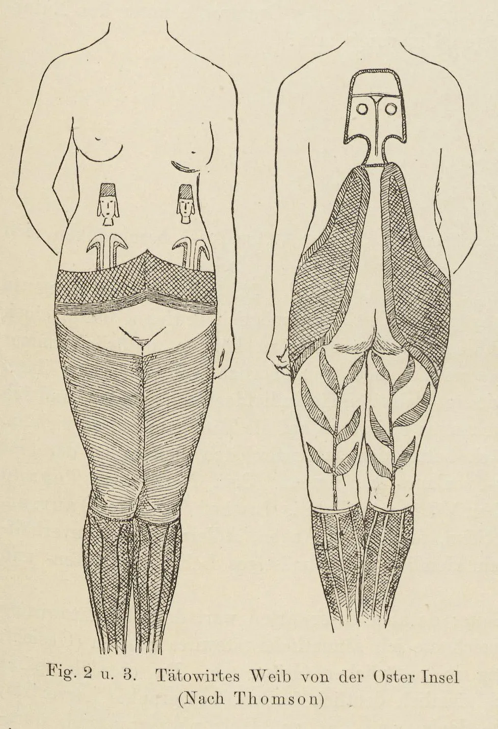 Tätowirtes Weib von der Oster Insel. Nach Thomson. Über die Tätowirung der Oster-Insulaner — Isla de Pascua — 1891 | Chile de Ayer