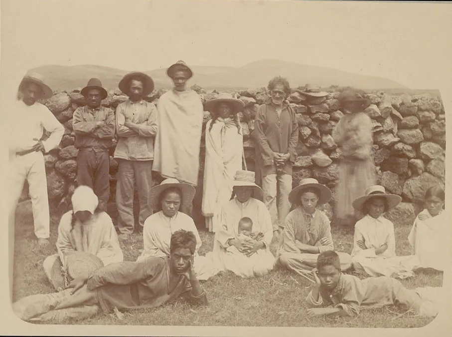 Group in Costume (?) in Front of Stone Wall or Ahu (Platform) December 1886 — Isla de Pascua — 1886 | Chile de Ayer