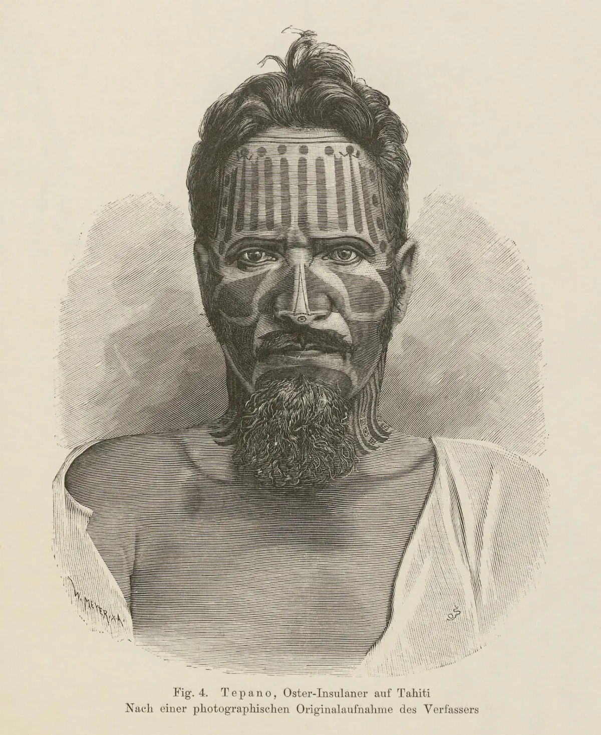 Tepano, Oster-Insulaners auf Tahiti. Nach einer photographischen Originalaufnahme des Verfassers. Fig. 4. Über die Tätowirung der Oster-Insulaner — Isla de Pascua — 1880 | Chile de Ayer