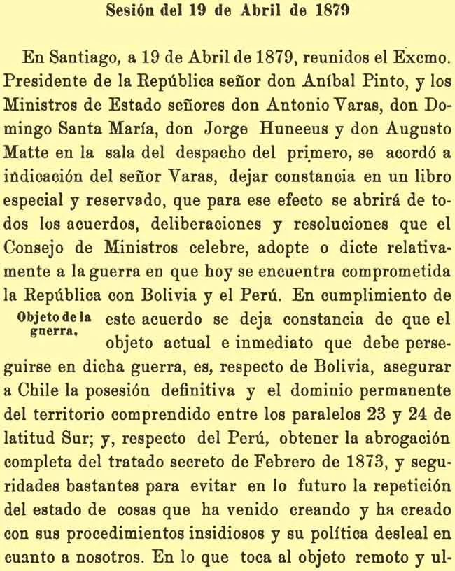 Acta de la Sesión del Consejo de Ministros de Chile celebrada el 19 de abril de 1879 (Varas 1918, 251-252), primera página — 1918 | Chile de Ayer