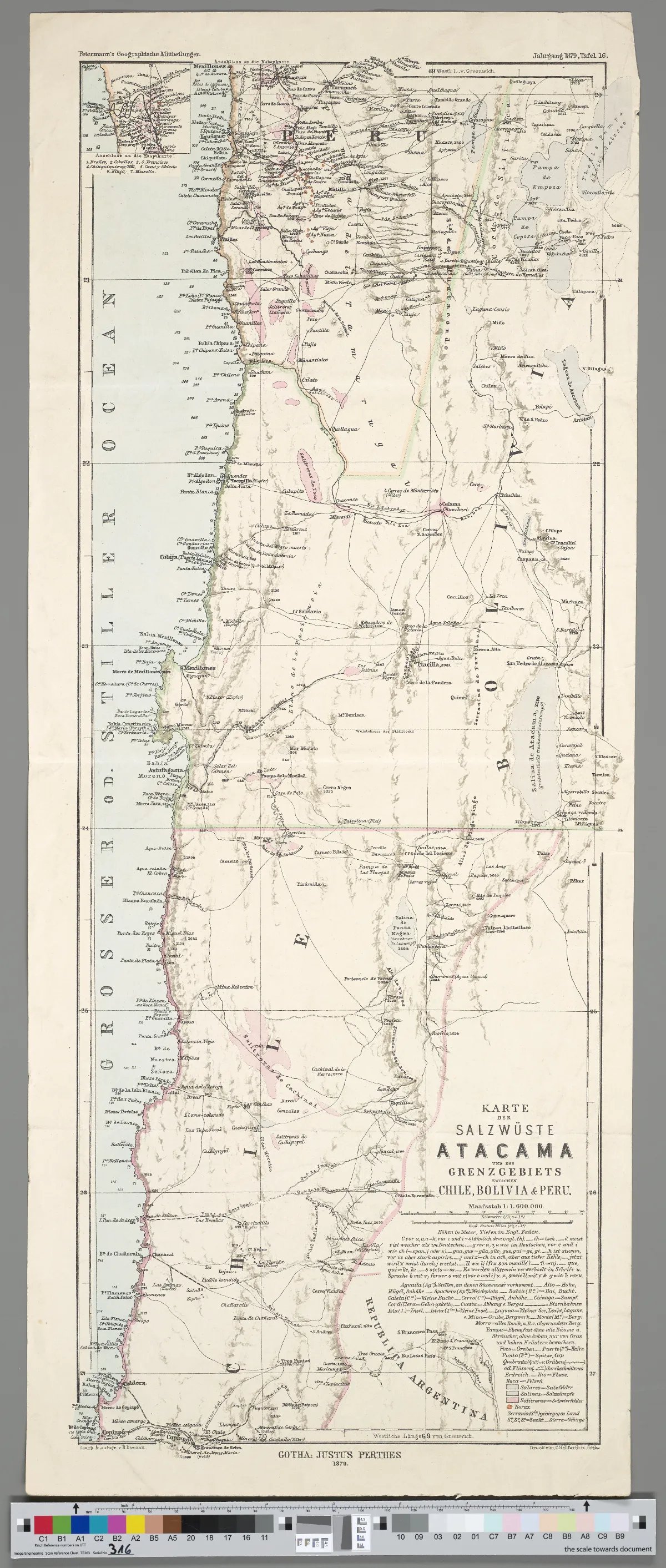 Karte der Salzwüste Atacama und des Grenzgebiets zwischen Chile, Bolivia & Peru — 1879 | Chile de Ayer