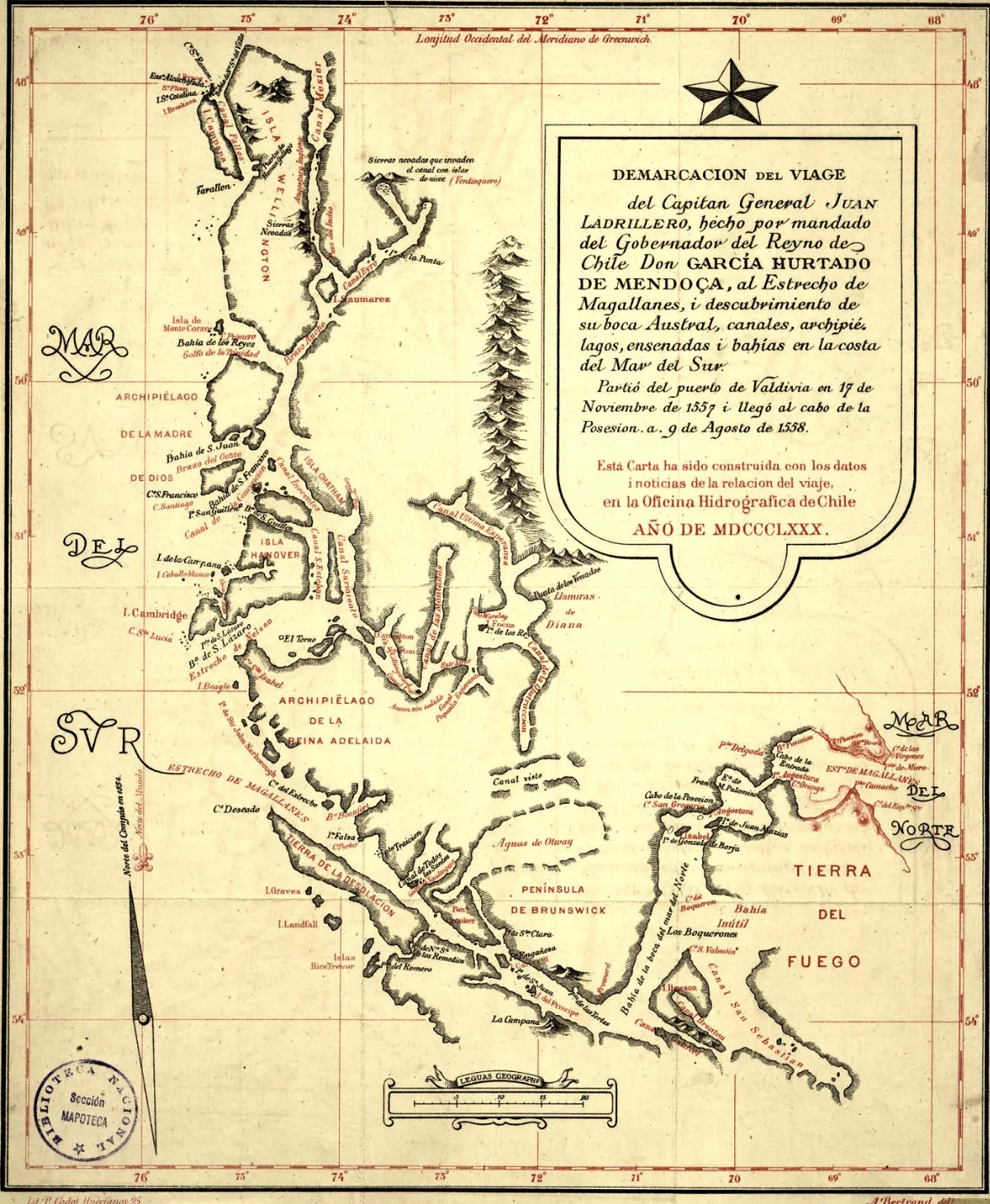 Demarcación del viage del Capitan Juan Ladrillero, hecho por mandato del Gobernador del Reyno de Chile Don García Hurtado de Mendoça, al Estrecho de Magallanes, i descubrimiento de su boca Austral — 1880 | Chile de Ayer