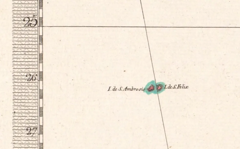 Isla San Félix y San Ambrosio (Islas Desventuradas) como parte del reino de Chile en el mapa de Cano y Olmedilla de 1775 — 1775 | Chile de Ayer