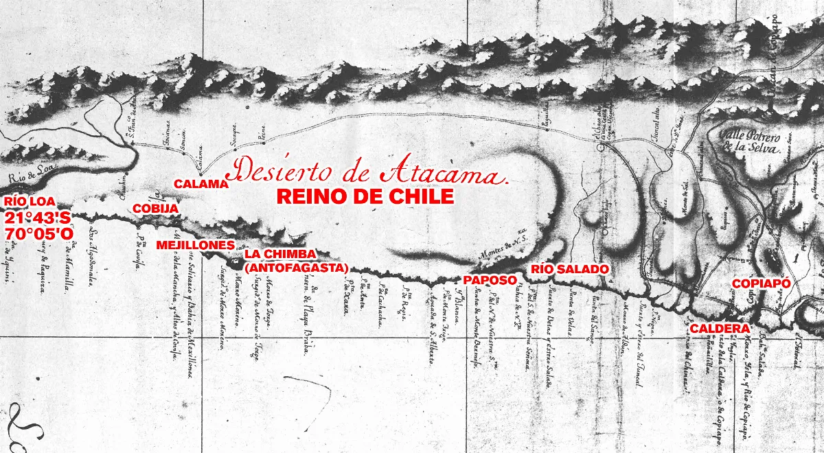 Límite entre Chile y Perú en el río Loa, Plano General del Reyno de Chile en la América Meridional de Andrés Baleato (1793) (Editado) — 1793 | Chile de Ayer