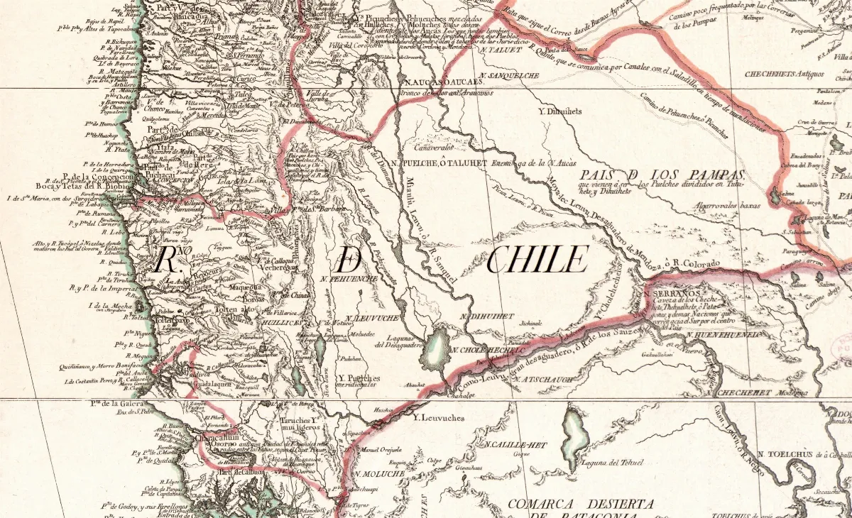 Región histórica de la Araucanía en el Reino de Chile, 1775, mapa de Cano y Olmedilla — 1775 | Chile de Ayer