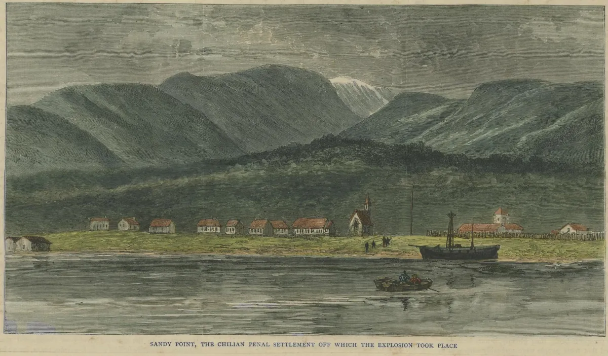 Sandy Point, the Chilean Penal Settlement off which the explosion took place - The Graphic 1881 (hand coloured) — Punta Arenas — 1881 | Chile de Ayer