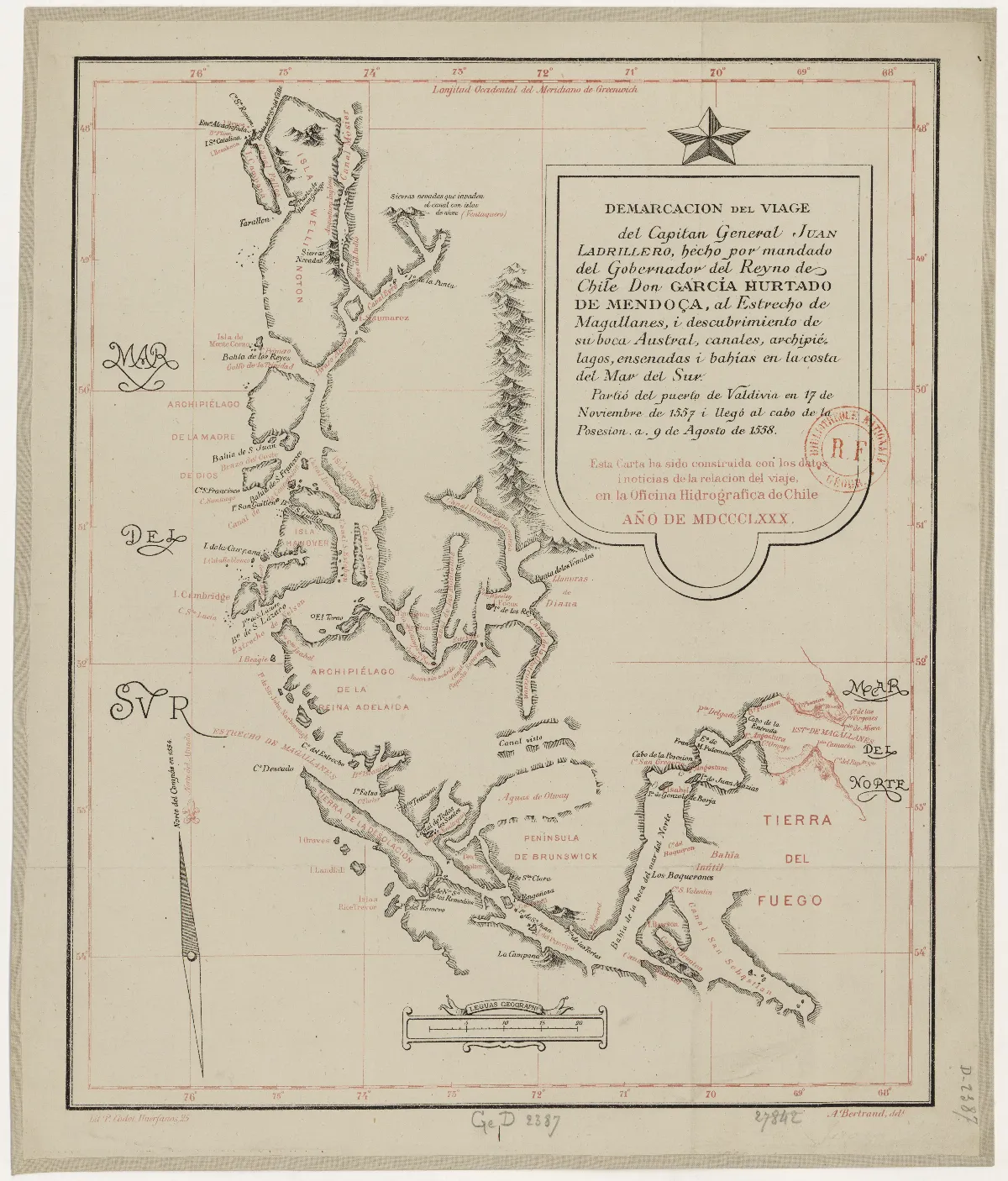 Demarcacion del viage del capitan general Juan Ladrillero, hecho... al estrecho de Magallanes i descubrimiento de su boca austral... — 1880 | Chile de Ayer