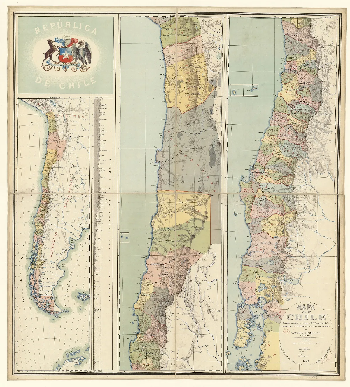 Mapa de Chile, construido... para el uso de las escuelas primarias de la Republica... / por Alejandro Bertrand, ,... — 1884 | Chile de Ayer