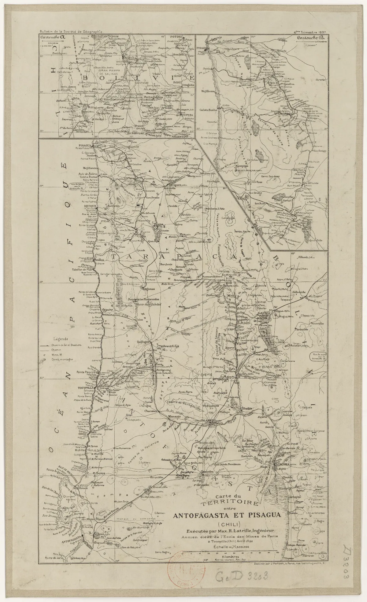 Carte du territoire entre Antofagasta et Pisagua (Chili) / exécutée par M. Max.-R. Latrille, avril 1892 — 1899 | Chile de Ayer