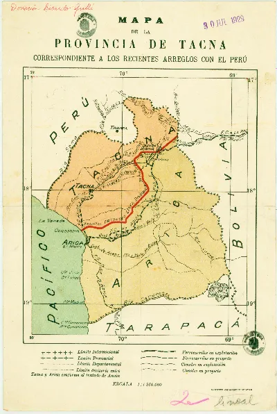 Mapa de la Provincia de Tacna correspondiente a los recientes arreglos con el Perú (1929) — Arica — 1929 | Chile de Ayer