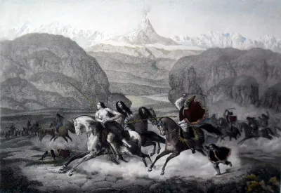 Persecución de pehuenches por tropas chilenas, ca. 1840 — Temuco — 1834 | Chile de Ayer