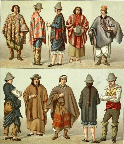 Trajes chilenos -Geschichte des kostüms in chronologischer entwicklung 1888- A. Racinet — Temuco — 1876 | Chile de Ayer