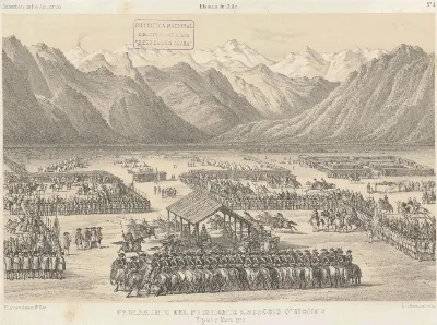 Imagen del Parlamento de Negrete, convocado por el gobernador Abrosio O'Higgins en Marzo de 1793 (Claudio Gay, basada en dibujo de Ignacio Andia y Varela) — Concepción — 1793 | Chile de Ayer