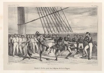 Danse a cloche-pied des indigenes de l'ile de Pâques; Masselot del.; lith. par Blanchard — Isla de Pascua — 1841 | Chile de Ayer