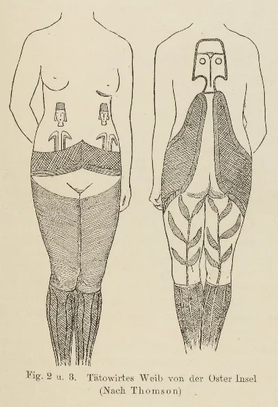 Tätowirtes Weib von der Oster Insel. Nach Thomson. Über die Tätowirung der Oster-Insulaner — Isla de Pascua — 1891 | Chile de Ayer