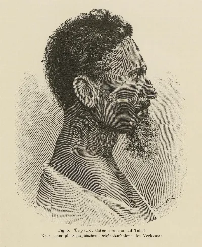 Tepano, Oster-Insulaners auf Tahiti. Nach einer photographischen Originalaufnahme des Verfassers. Fig. 5. Über die Tätowirung der Oster-Insulaner — Isla de Pascua — 1880 | Chile de Ayer