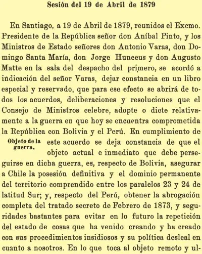 Acta de la Sesión del Consejo de Ministros de Chile celebrada el 19 de abril de 1879 (Varas 1918, 251-252), primera página