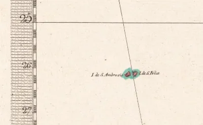 Isla San Félix y San Ambrosio (Islas Desventuradas) como parte del reino de Chile en el mapa de Cano y Olmedilla de 1775