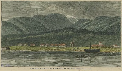 Sandy Point, the Chilean Penal Settlement off which the explosion took place - The Graphic 1881 (hand coloured)