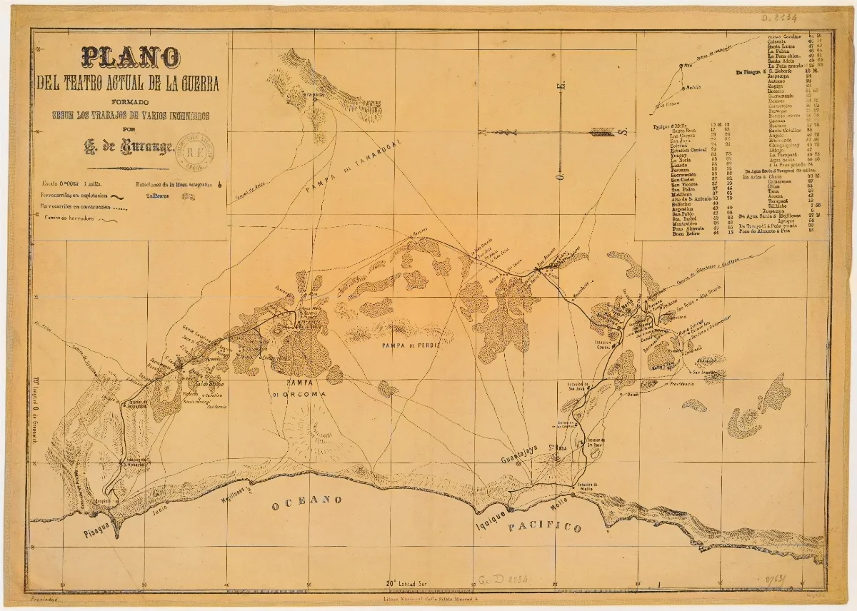 Plano del teatro actual de la guerra : formado segun los trabajos de varios ingenieros / por E. de Rurange — 1850 | Chile de Ayer