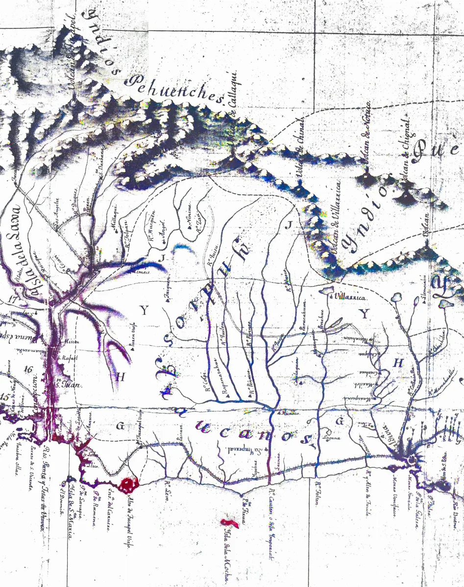 Chile Araucano en el plano General del Reyno de Chile en la América Meridional de Andrés Baleato (1793) — Temuco — 1793 | Chile de Ayer