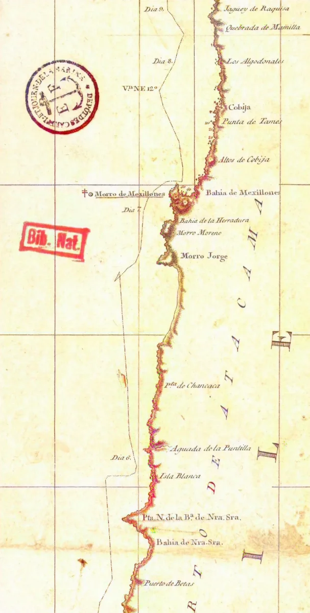 Desierto de Atacama en la Carta esférica de las costas del Reyno de Chile (1799) — Antofagasta — 1792 | Chile de Ayer