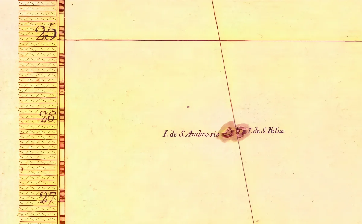 Isla San Félix y San Ambrosio (Islas Desventuradas) como parte del reino de Chile en el mapa de Cano y Olmedilla de 1775 — 1775 | Chile de Ayer