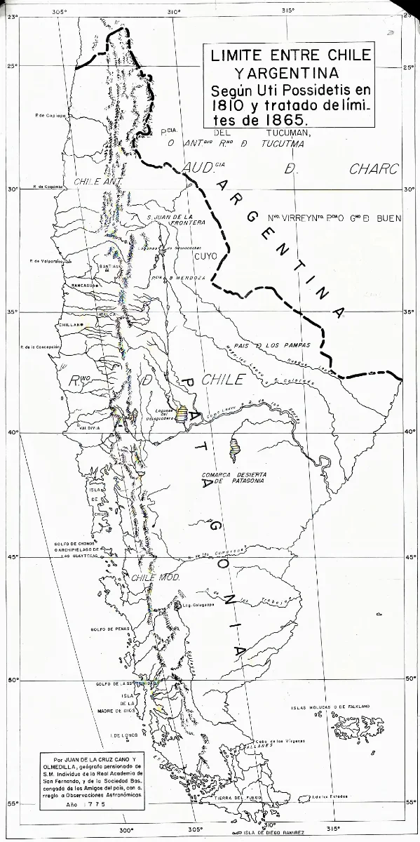 Límite entre Chile y Argentina según Uti Possedetis en 1810 y tratado de límites de 1865 — Punta Arenas — 1810 | Chile de Ayer