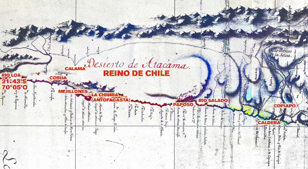 Límite entre Chile y Perú en el río Loa, Plano General del Reyno de Chile en la América Meridional de Andrés Baleato (1793) (Editado) — 1793 | Chile de Ayer