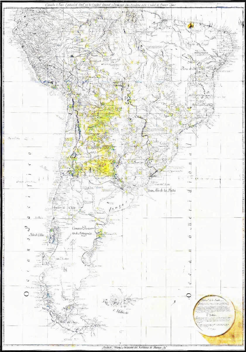 Mapa de la América del Sur, Agustín Ibáñez y Bojons, 1800 (Biblioteca Nacional de España) (contraste) — Punta Arenas — 1800 | Chile de Ayer