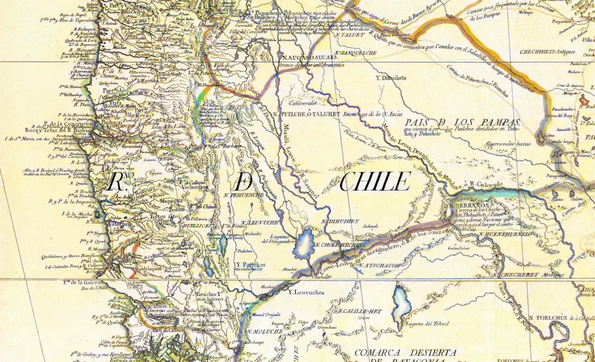 Región histórica de la Araucanía en el Reino de Chile, 1775, mapa de Cano y Olmedilla — 1775 | Chile de Ayer