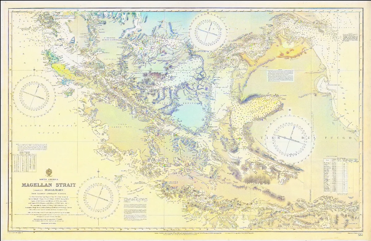 Admiralty Chart No 554 Magellan Strait (Properly Magalhaen) from various Admiralty surveys . . . with additions from Argentine, Chilean and French government surveys, published 1887 — 1923 | Chile de Ayer
