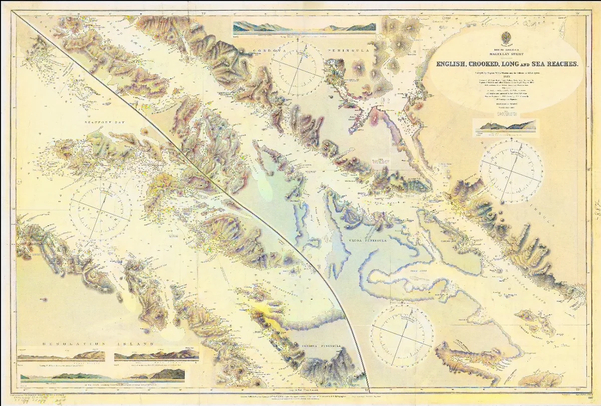 Admiralty Chart No 887 Magellan Strait English, Crooked, Long and Sea Reaches. Surveyed by Captain W.J.L. Wharton and the Officers of H.M.S. Sylvia, Published 1884 — 1915 | Chile de Ayer