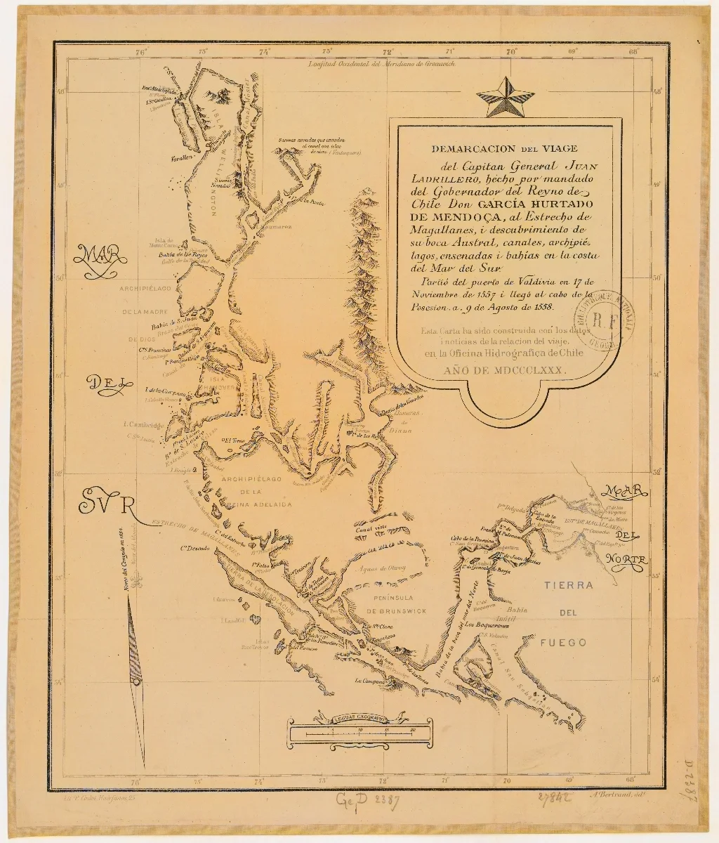 Demarcacion del viage del capitan general Juan Ladrillero, hecho... al estrecho de Magallanes i descubrimiento de su boca austral... — 1880 | Chile de Ayer