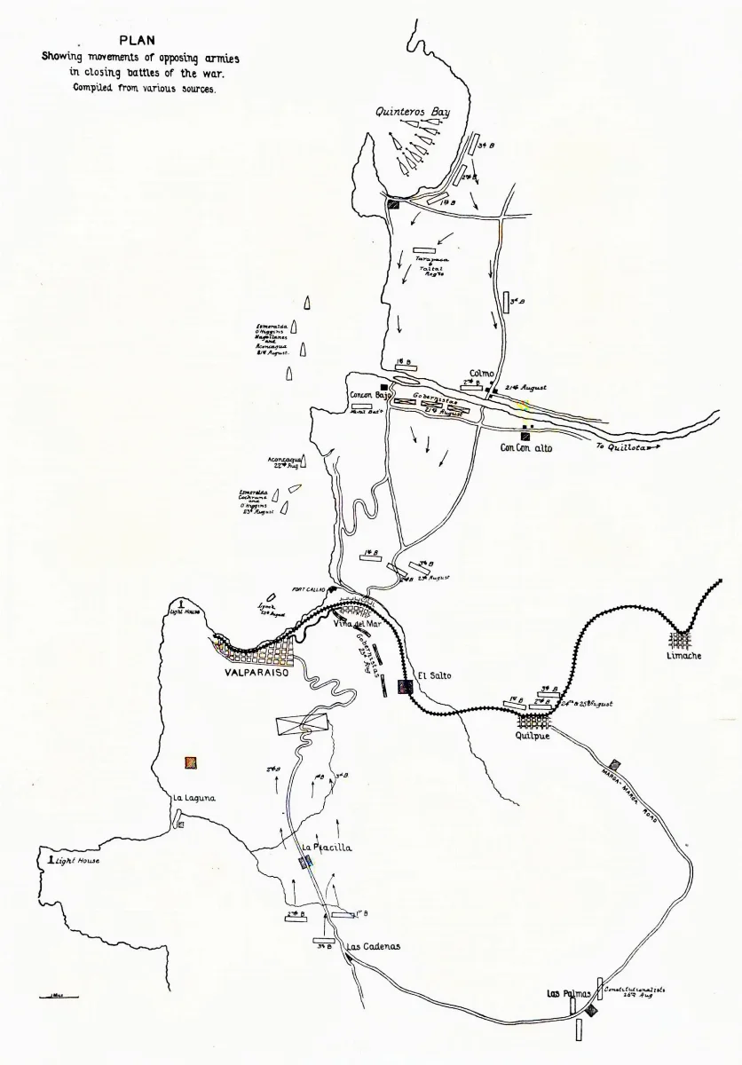 Plano de movimientos de ejércitos en las batallas finales de la guerra, 1893 — aprox. 1893 | Chile de Ayer