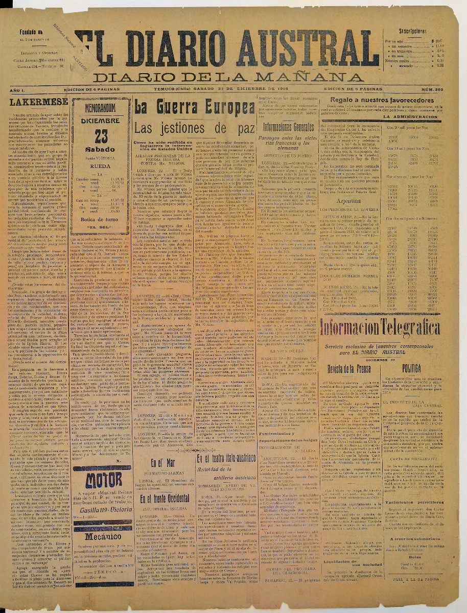 El Diario Austral, Temuco, 23 de diciembre de 1916 — aprox. 1916 | Chile de Ayer