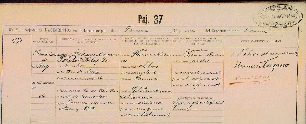 Acta de nacimiento de Tolstoï Klapka Trizano Aravena — aprox. 1902 | Chile de Ayer