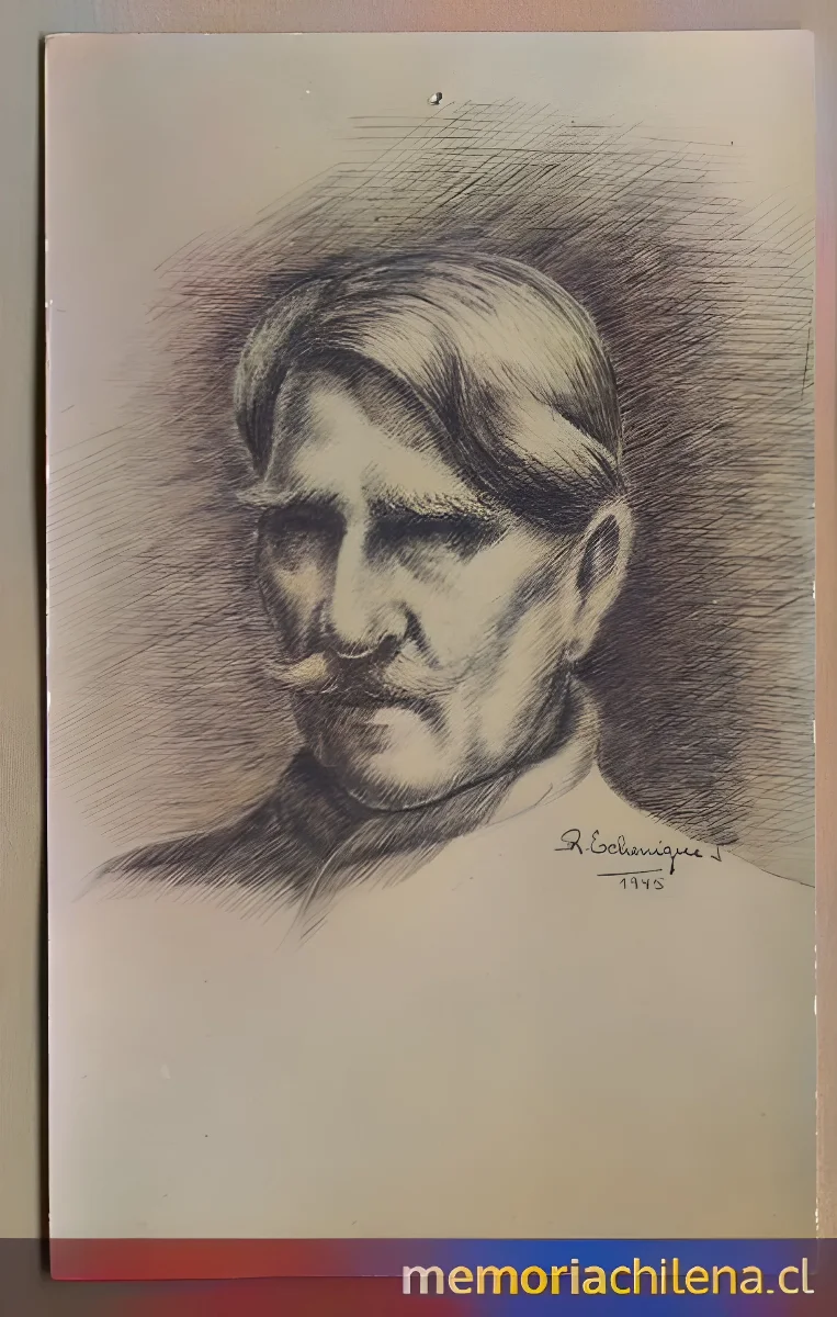 Alberto Ghiraldo, dibujo del retrato frontal de rostro — 1945 | Chile de Ayer