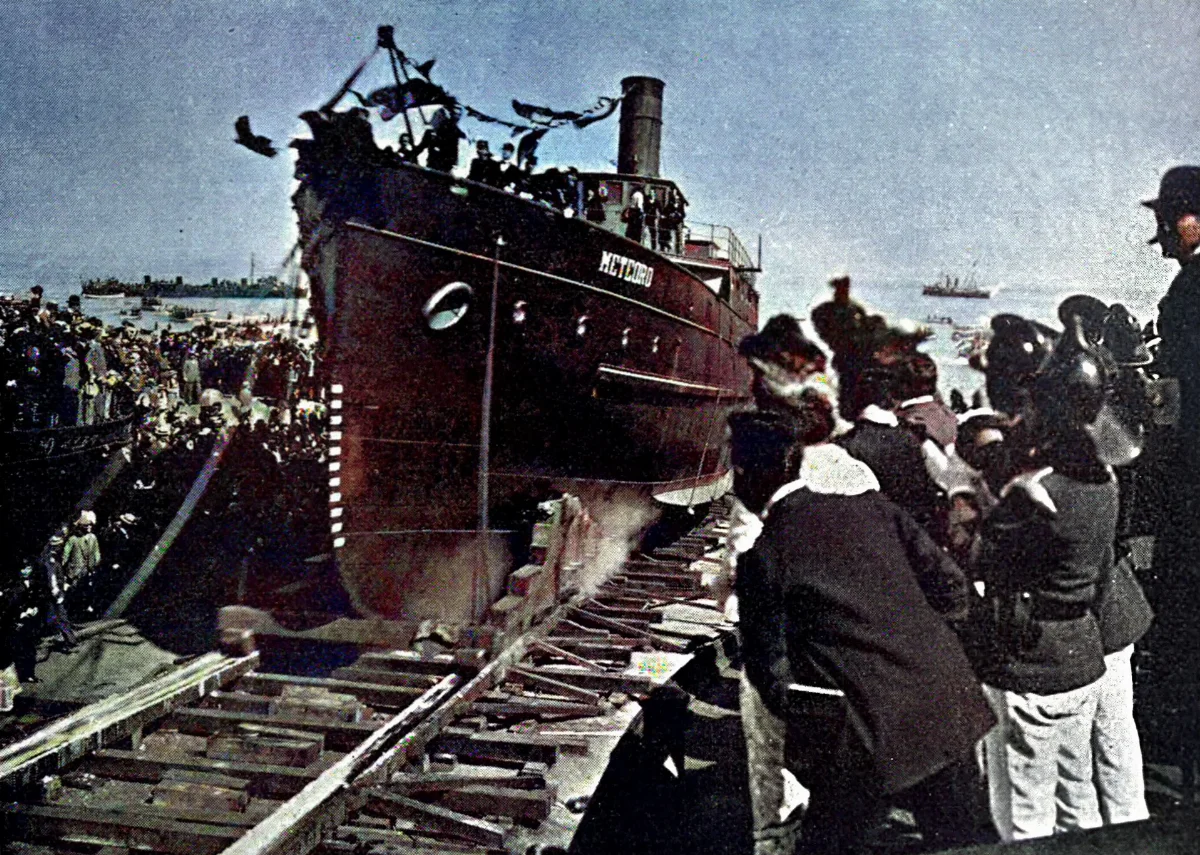 Botadura de la escampavía Meteoro, astilleros de Miramar, circa 1901 — aprox. 1901 | Chile de Ayer
