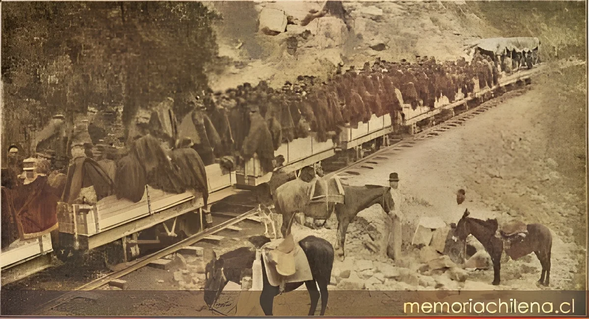 División Camus. Regimiento Buin no.1 embarcándose en un tren del ferrocarril trasandino para dirigirse a Los Andes, mayo de 1891 — 1891 | Chile de Ayer