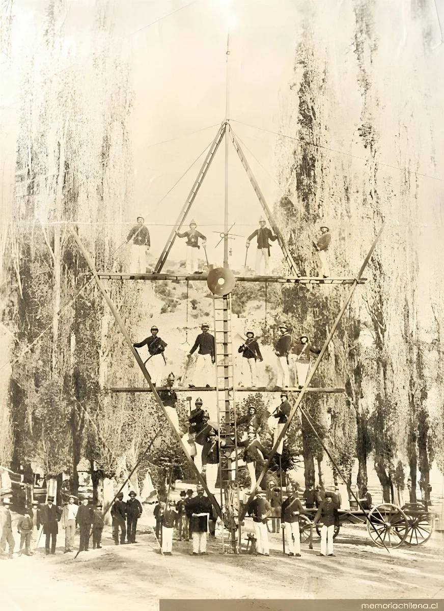Grupo de bomberos durante ejercicios, hacia 1880 — 1880 | Chile de Ayer