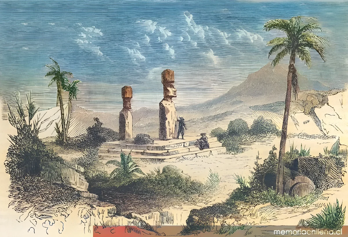 Monumentos de Isla de Pascua, dibujo realizado por la expedición de La Perouse — 1900 | Chile de Ayer