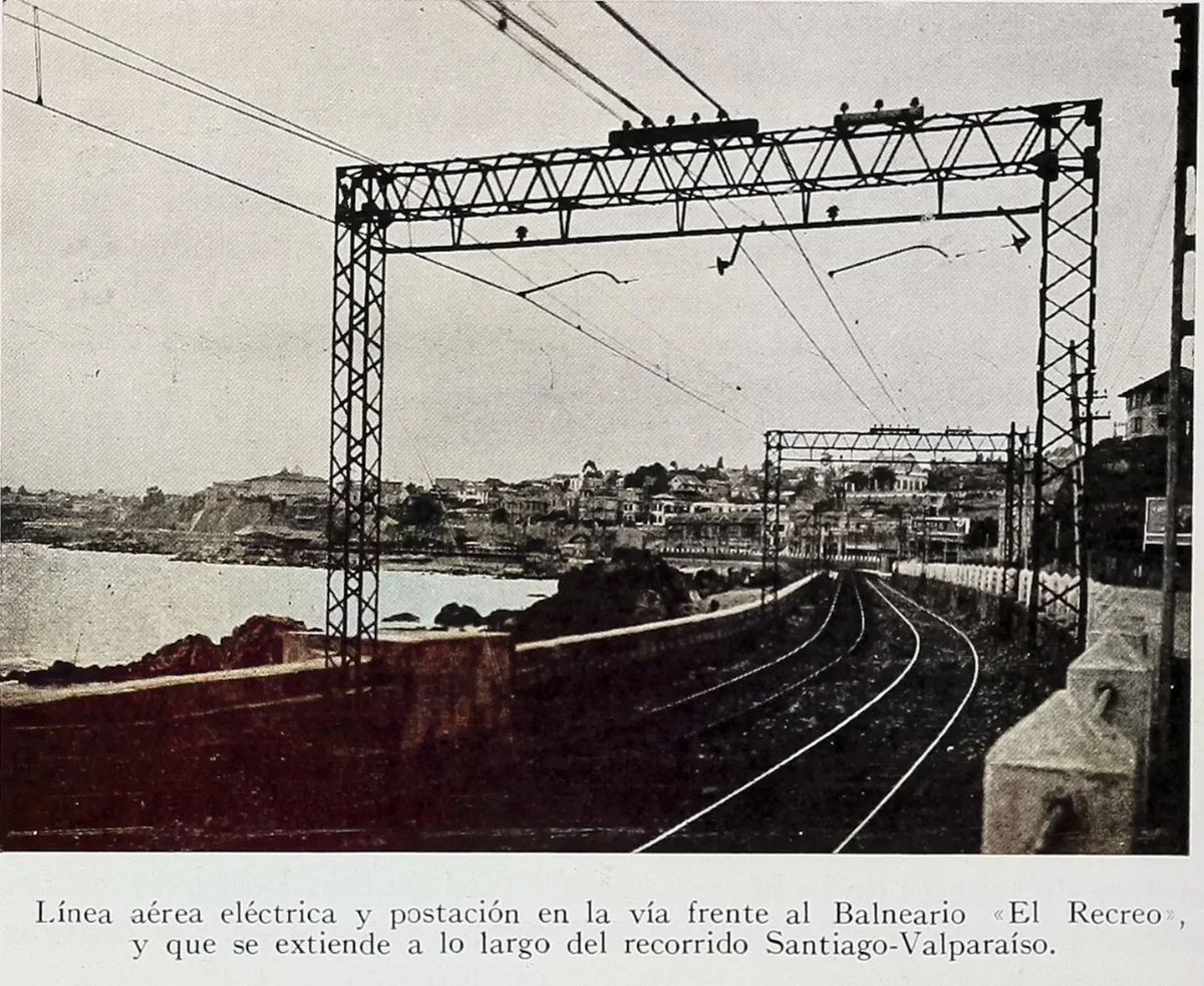 Línea aérea eléctrica y postación en la vía frente al Balneario «El Recreo» — 1931 | Chile de Ayer
