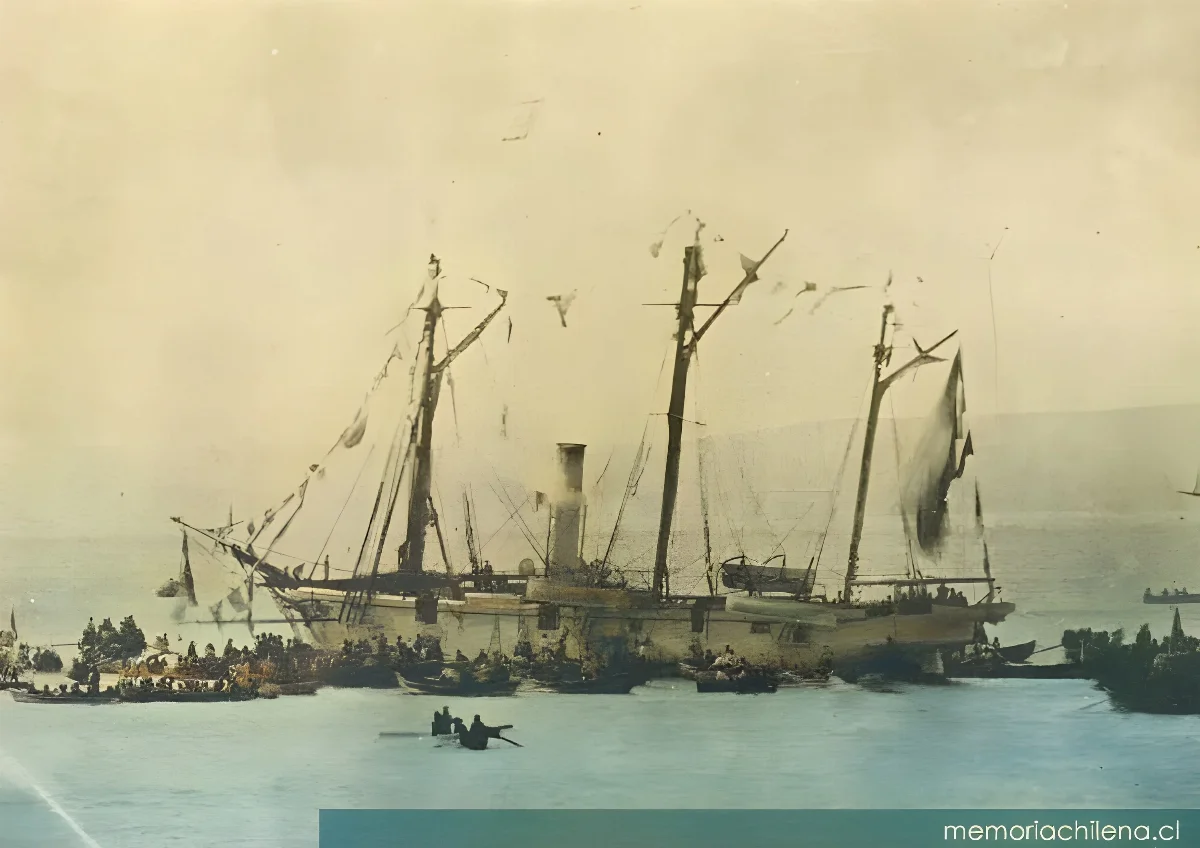 Llegada de la Covadonga a Valparaíso cubierta de gloria, hacia 1879 — 1879 | Chile de Ayer
