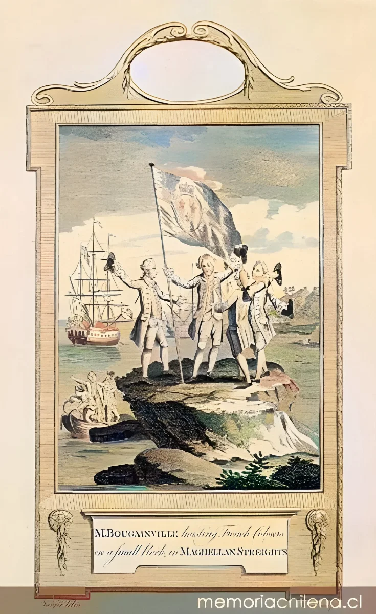 M. Bougainville hizando los colores franceses en una pequeña roca en el Estrecho de Magallanes, 1766 — 1766 | Chile de Ayer