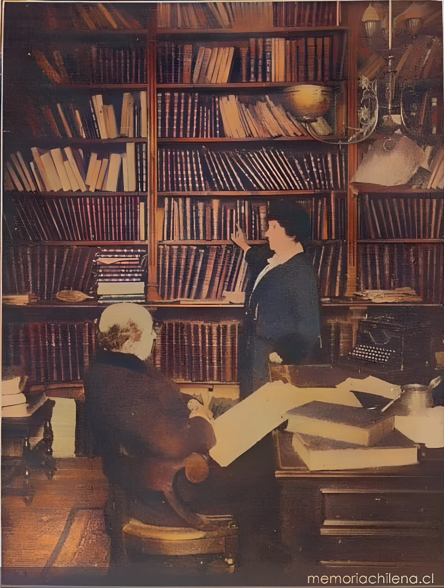 Medina en su biblioteca acompañado por su esposa Mercedes Ibáñez, hacia 1930 — 1930 | Chile de Ayer