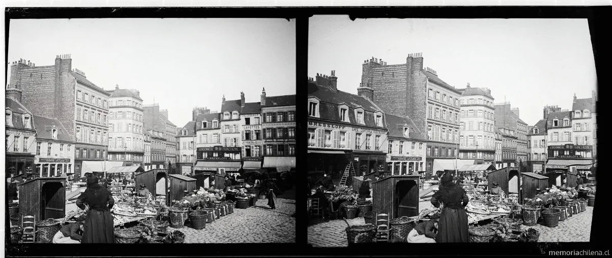 Mercado en la plaza Boulogne-sur-Mer, Francia, mayo 1907 — 1907 | Chile de Ayer